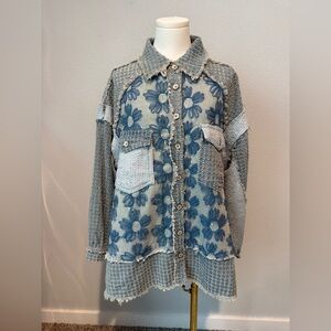 POL Blue Floral Patchwork Denim Lasercut Jacket